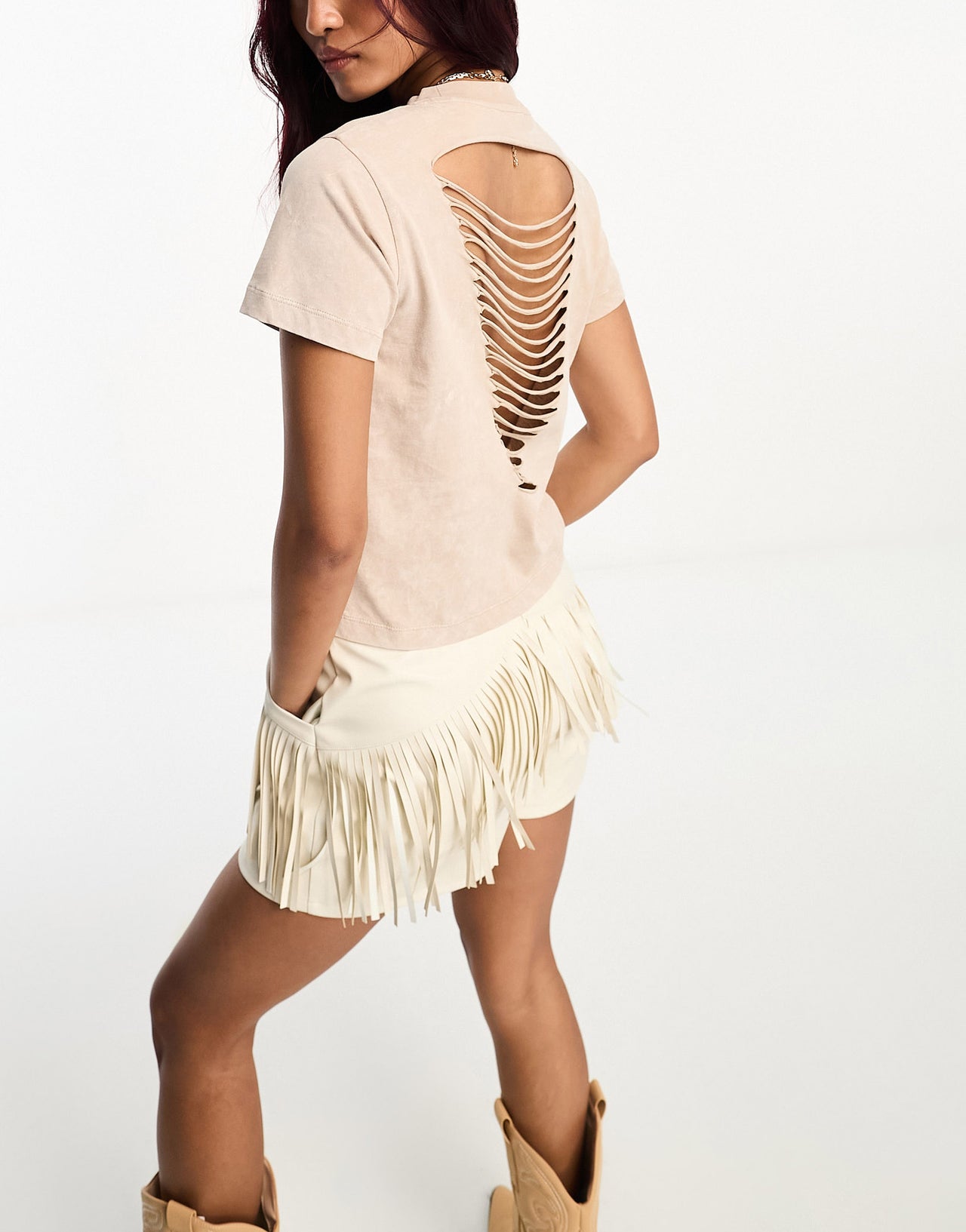 Miss Selfridge festival new york graphic t-shirt with cut out back detail in sand