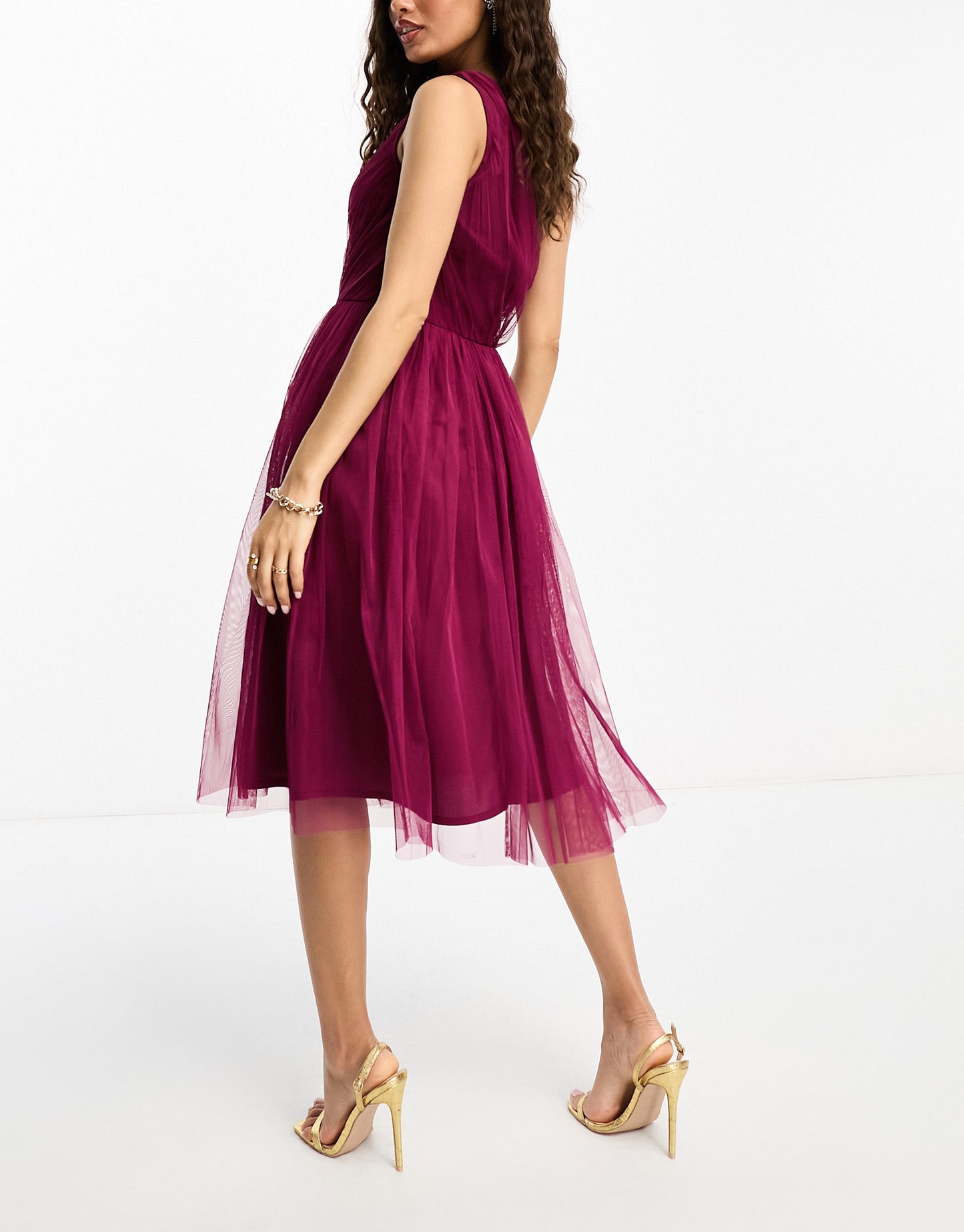 Anaya Petite Bridesmaid tulle one shoulder midi dress in berry