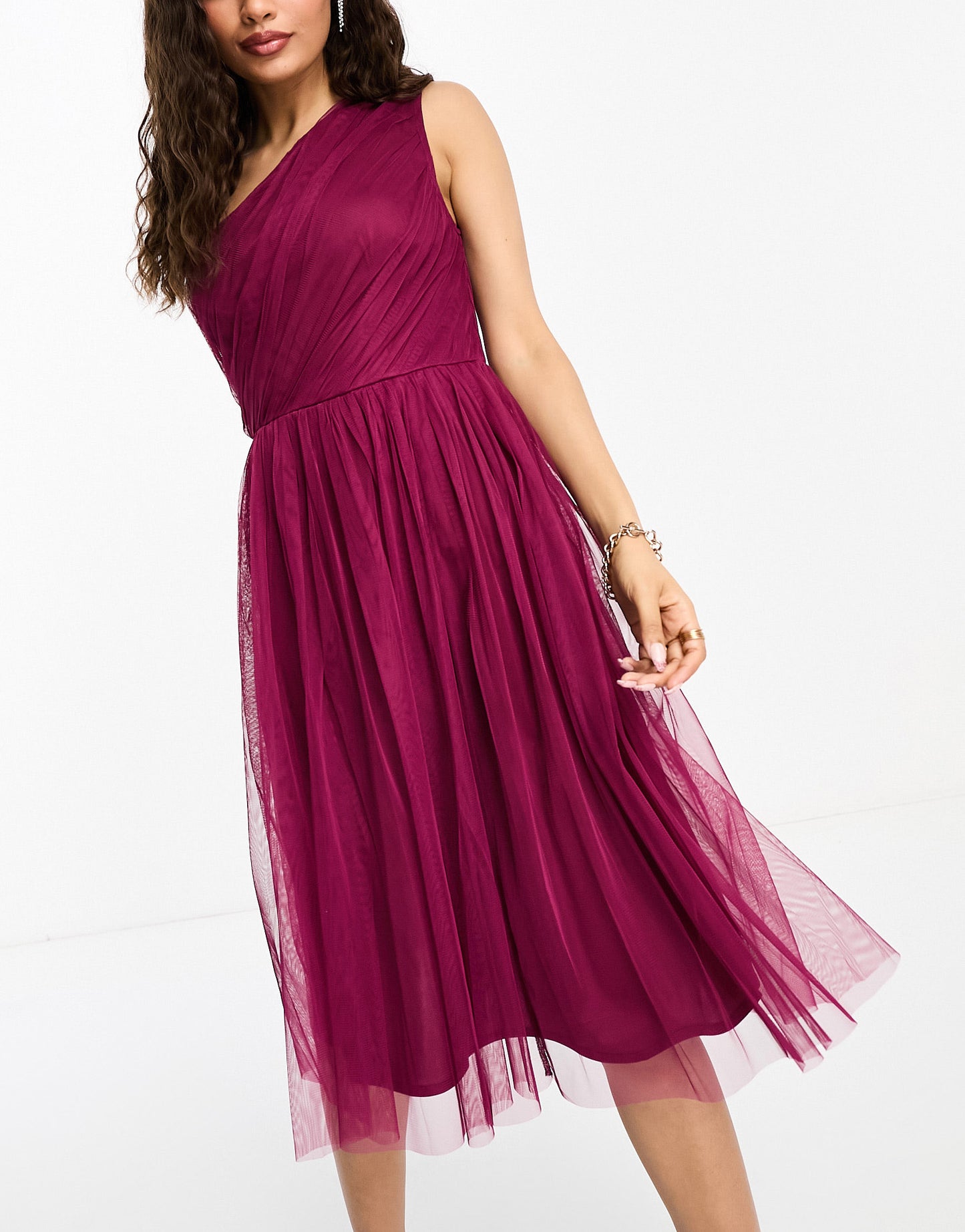Anaya Petite Bridesmaid tulle one shoulder midi dress in berry
