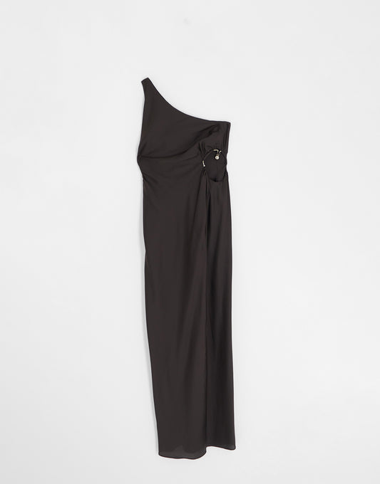 ASOS DESIGN satin one shoulder midi dress with waist detail in chocolate