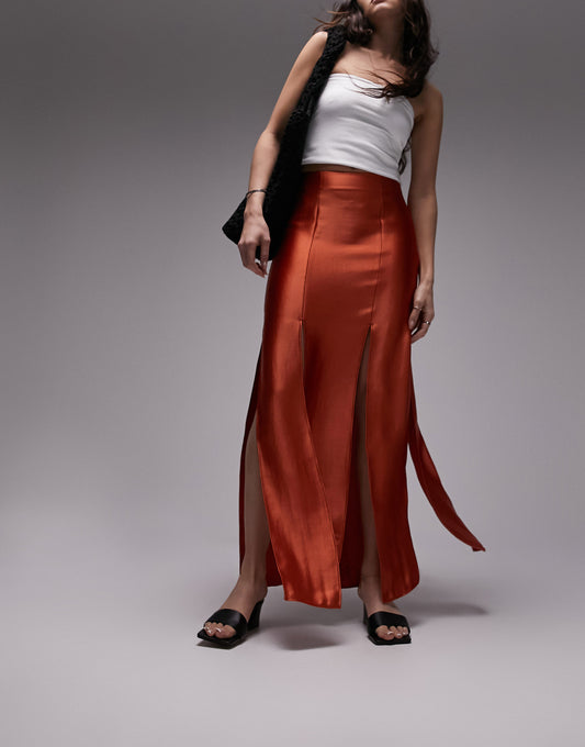 Topshop spliced split satin midi skirt in rust