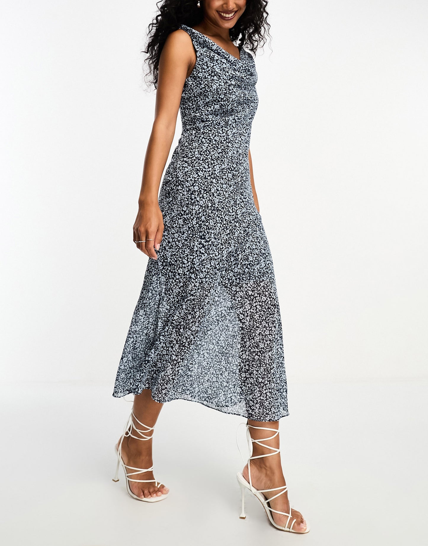 Abercrombie & Fitch cowl neck chiffon midi dress in blue floral print