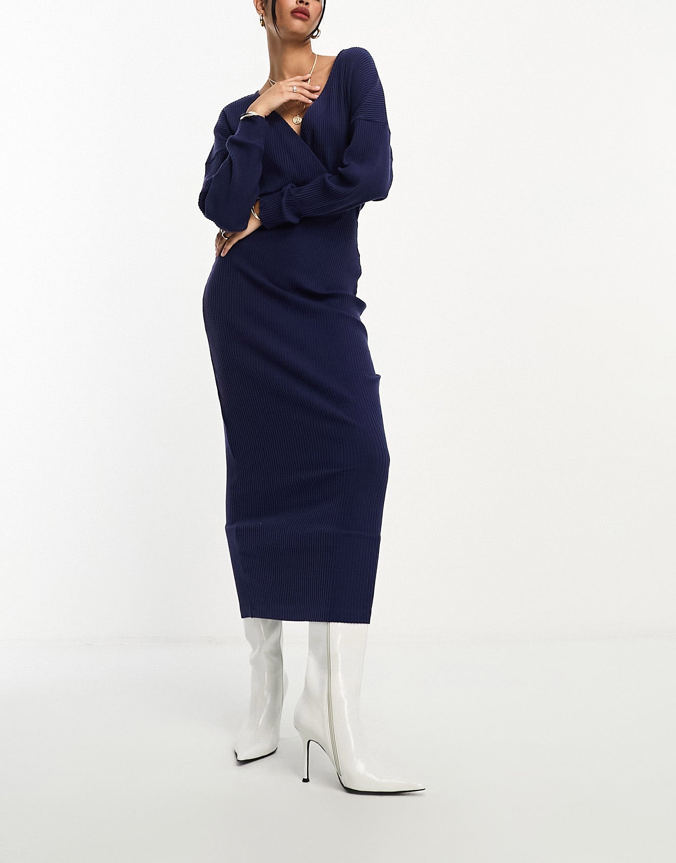 ASOS DESIGN wrap front midi supersoft rib dress with long sleeve in navy
