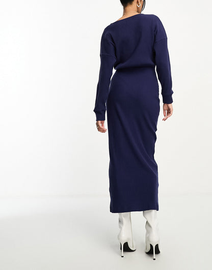 ASOS DESIGN wrap front midi supersoft rib dress with long sleeve in navy