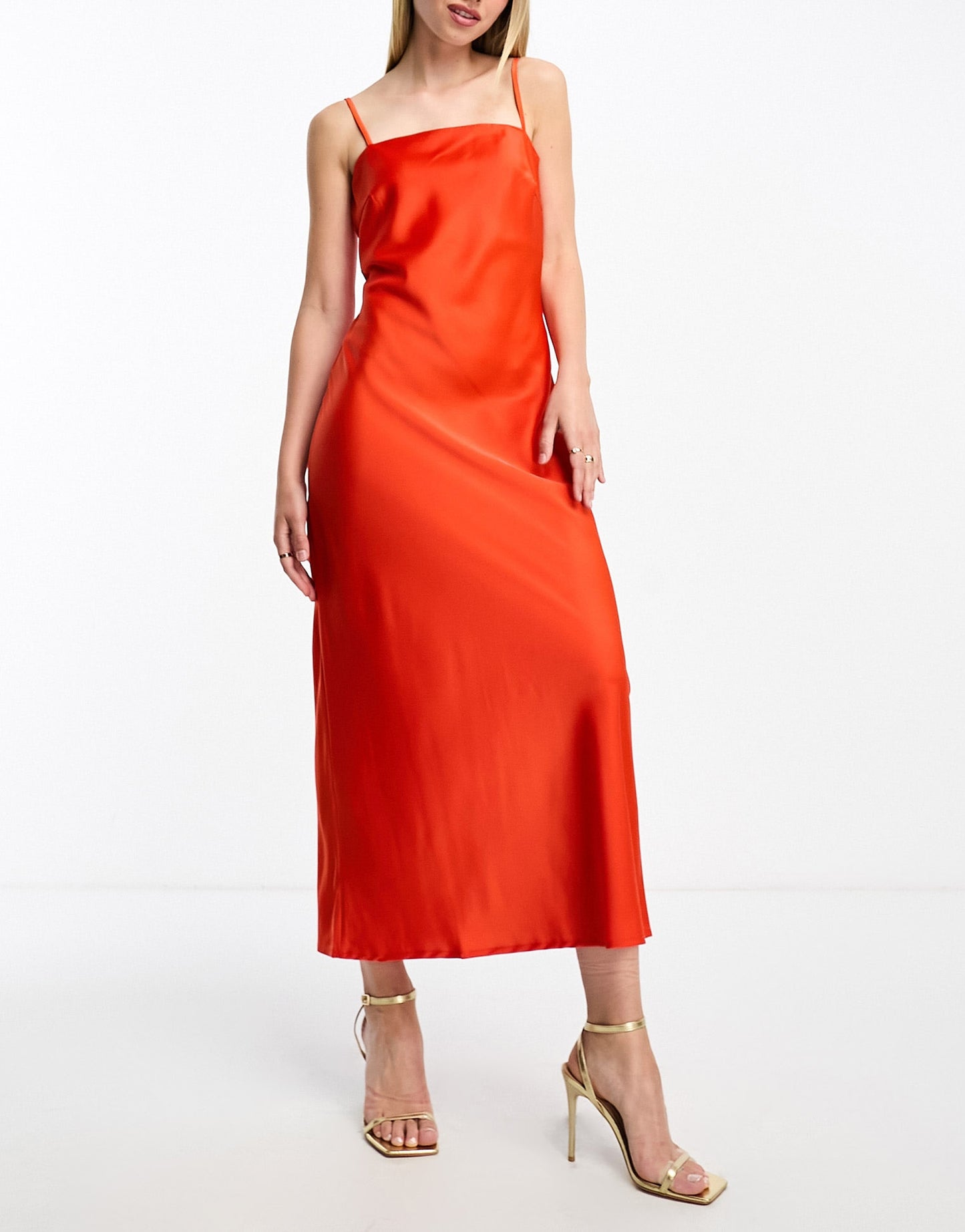 Pieces satin midi dress in coral red