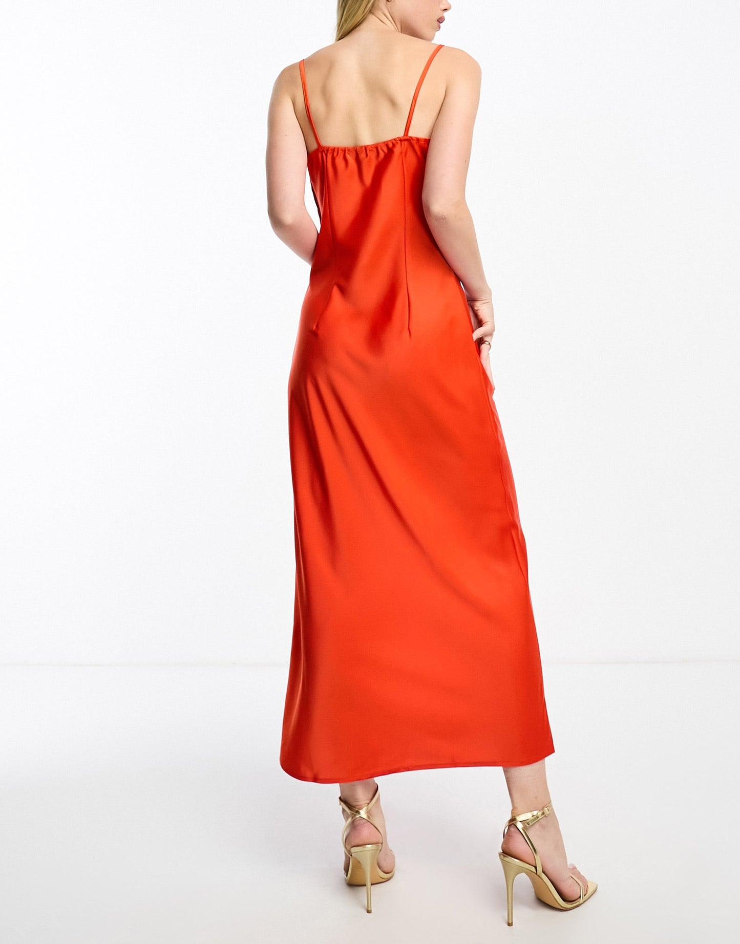 Pieces satin midi dress in coral red