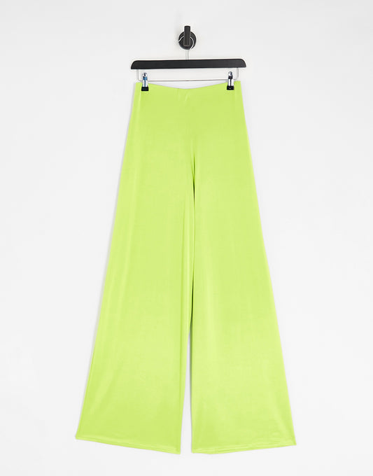 ASOS DESIGN co-ord satin twill floaty wide leg in chartreuse