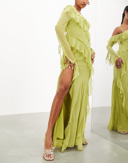ASOS EDITION off shoulder asymmetric frill detail maxi dress in olive green