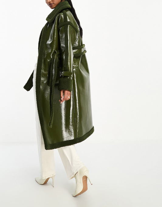 Aria Cove vinyl faux shearling maxi belted coat in khaki
