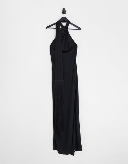 ASOS DESIGN satin halter maxi dress with fringe scarf detail in black