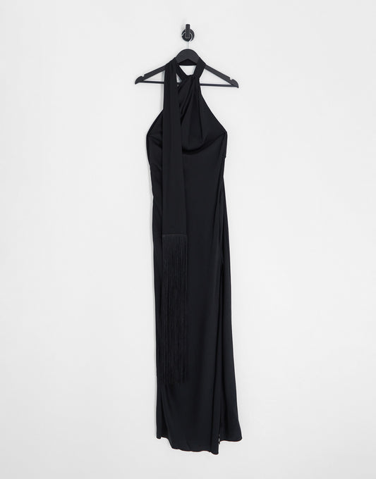 ASOS DESIGN satin halter maxi dress with fringe scarf detail in black