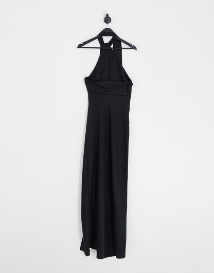 ASOS DESIGN satin halter maxi dress with fringe scarf detail in black