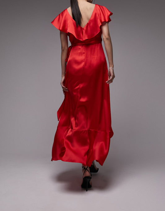 Topshop ruffle wrap midi dress in dark red