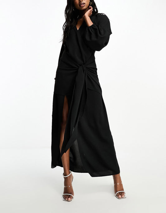 Aria Cove tie front drape maxi dress in black