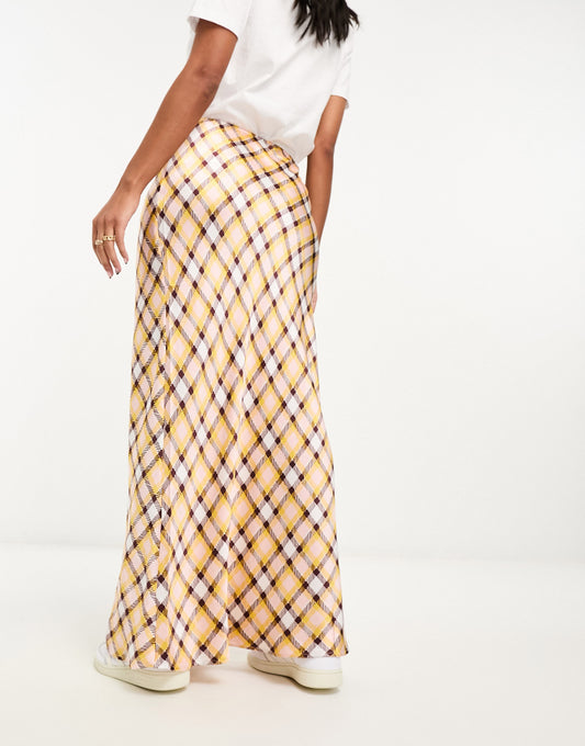 ASOS DESIGN satin bias maxi skirt in pink and yellow check