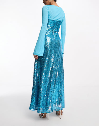 Daska embellished sequin slip dress with detachable matching top in aqua blue