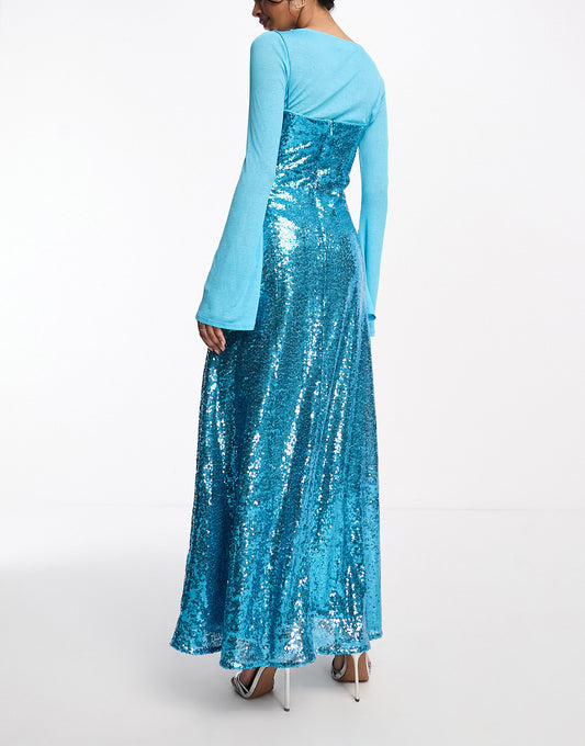 Daska embellished sequin slip dress with detachable matching top in aqua blue