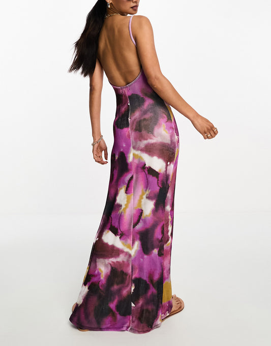 ASOS DESIGN strappy slinky maxi dress in purple abstract print