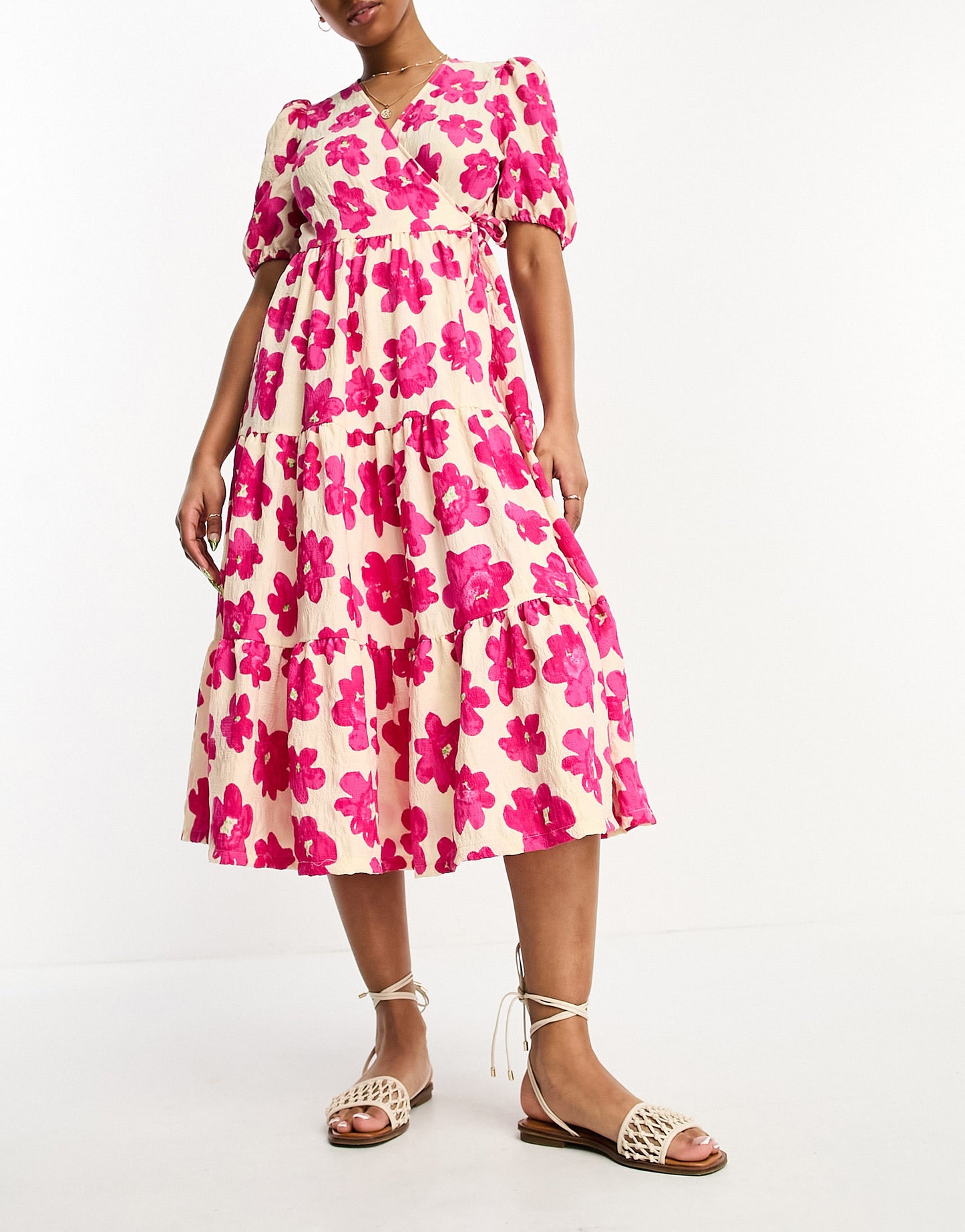 Monki tiered wrap midi dress in pink floral print