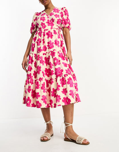 Monki tiered wrap midi dress in pink floral print