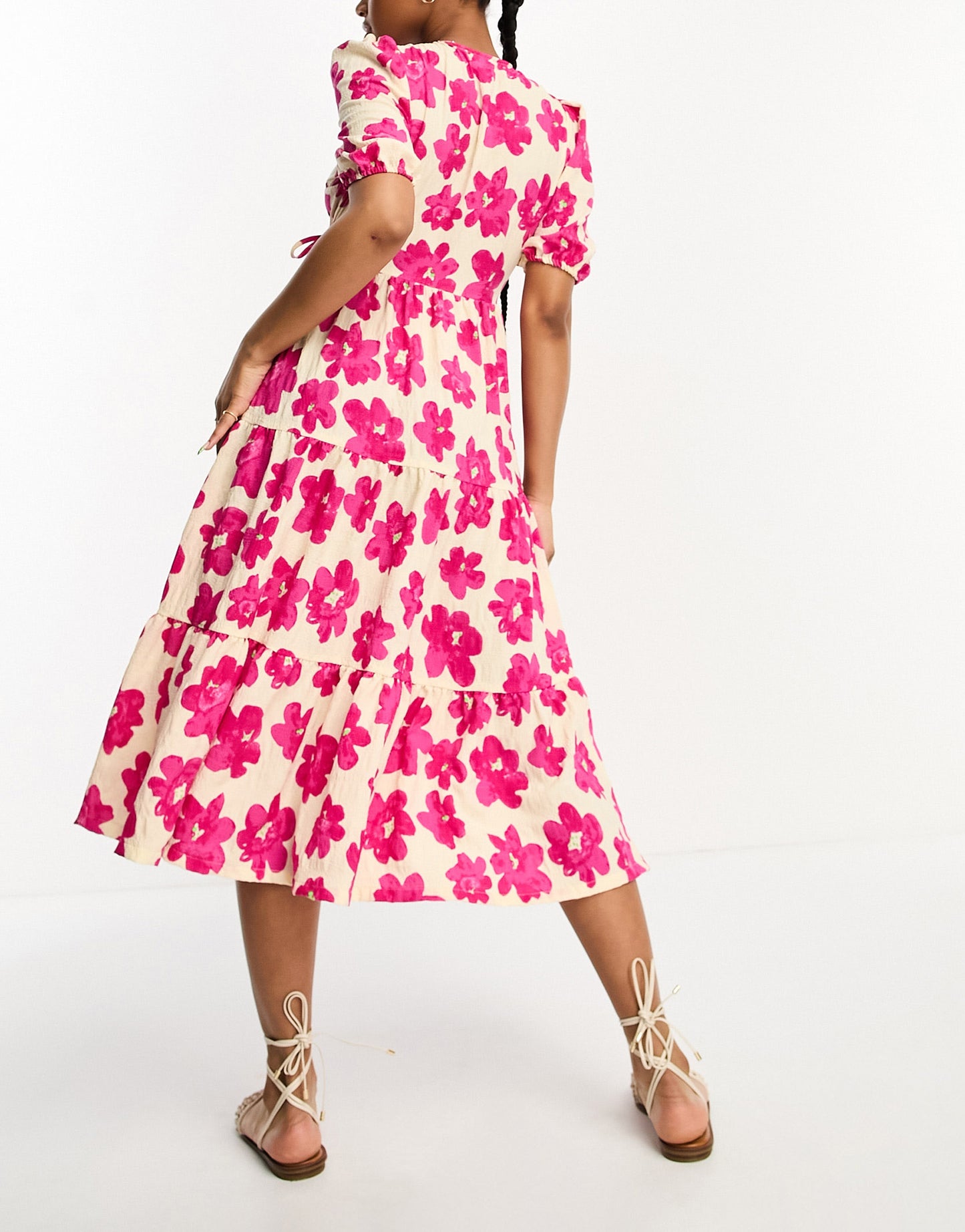 Monki tiered wrap midi dress in pink floral print