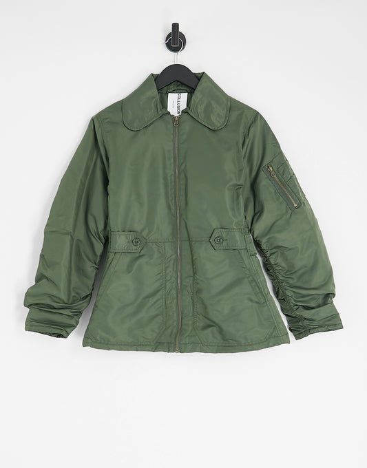 COLLUSION nylon jacket with with fitted waist in khaki