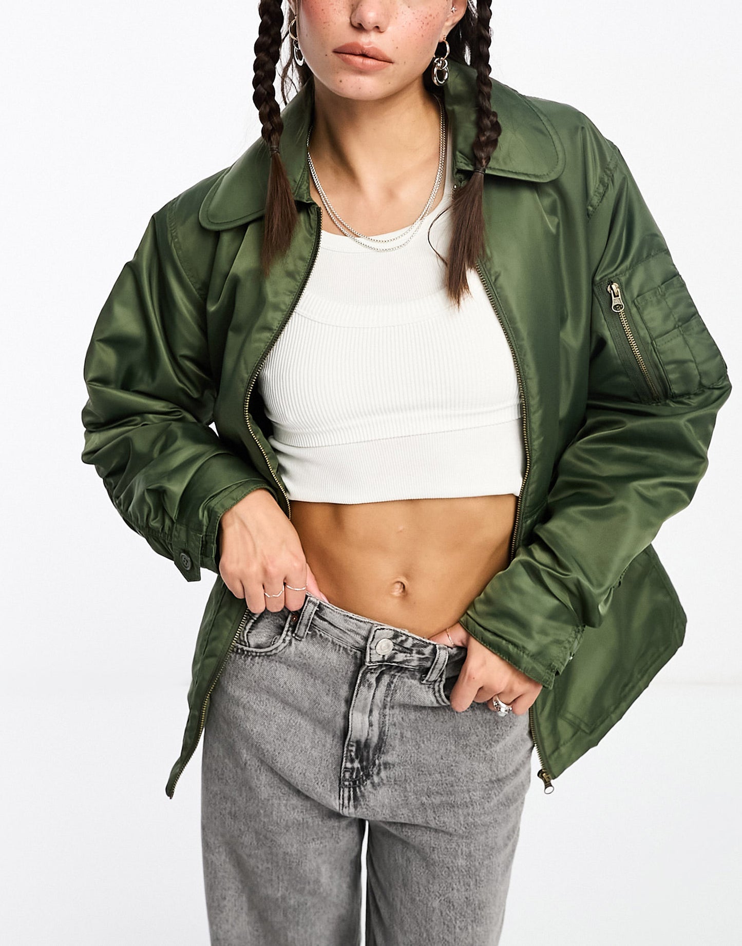 COLLUSION nylon jacket with with fitted waist in khaki