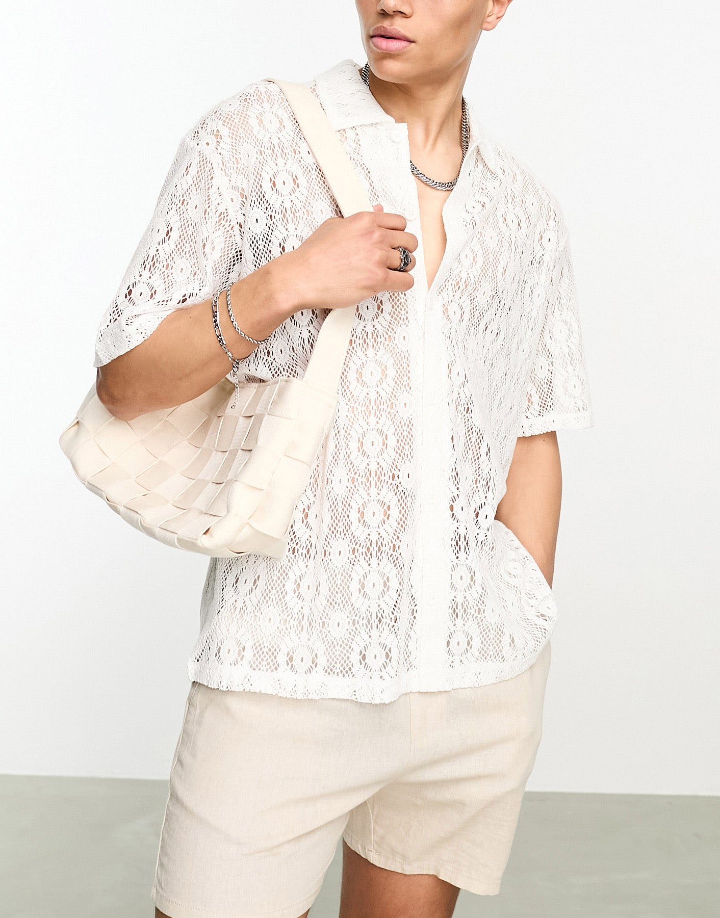 Bershka broidery knitted shirt in white