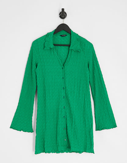 Monki long sleeve collar mini dress with lettuce hem edge in green