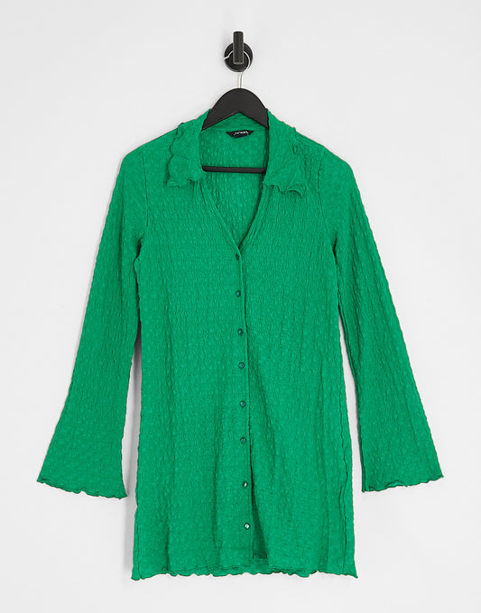 Monki long sleeve collar mini dress with lettuce hem edge in green