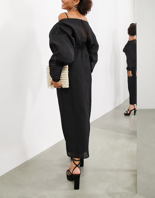 ASOS EDITION volume plisse long sleeve maxi dress in black