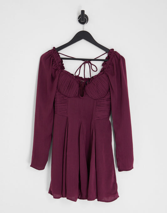 ASOS DESIGN satin cupped mini dress with godet and ruched waist in wine