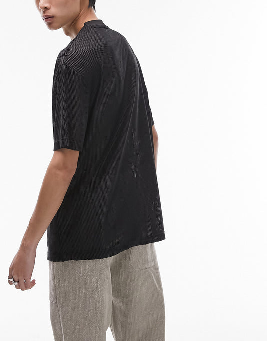Topman oversized fit mesh faux leather t-shirt in black