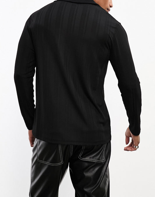 ASOS DESIGN long sleeve polo in sheer rib with deep v neck