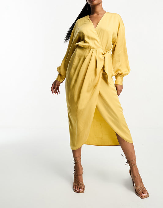 & Other Stories midi wrap dress in dusty yellow