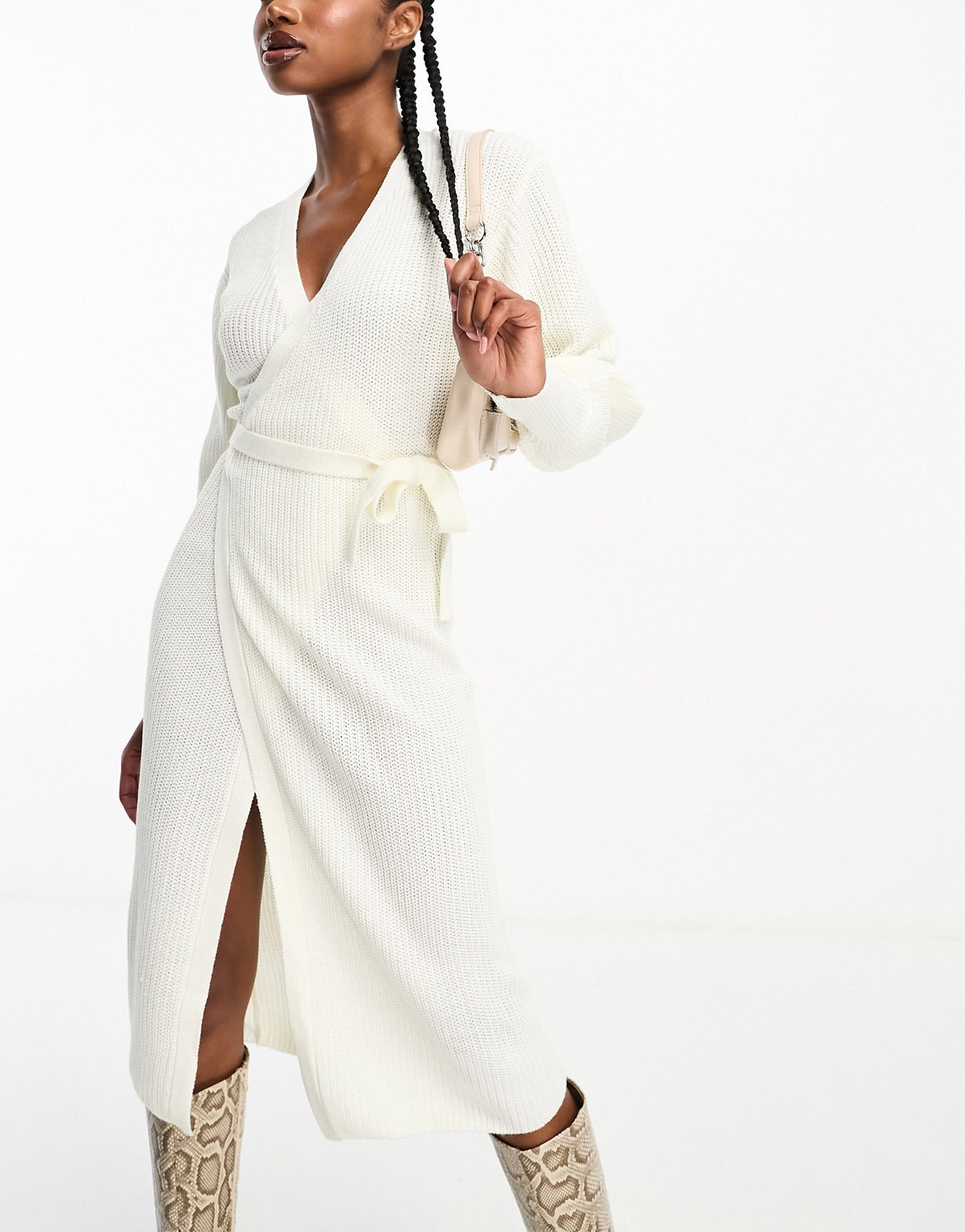 In The Style exclusive knitted wrap midi jumper dress in cream