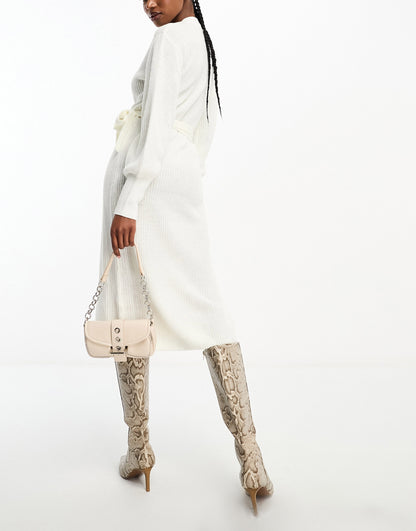 In The Style exclusive knitted wrap midi jumper dress in cream