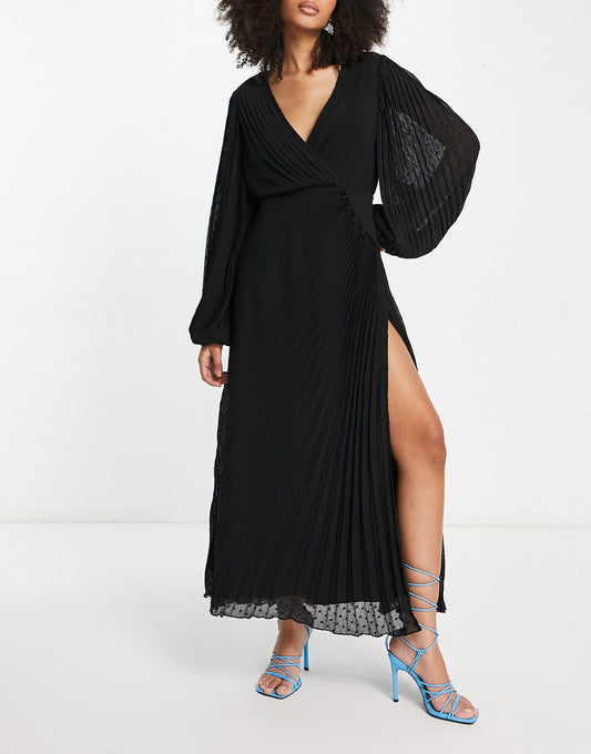 ASOS DESIGN pleated dobby chiffon wrap button detail maxi dress in black