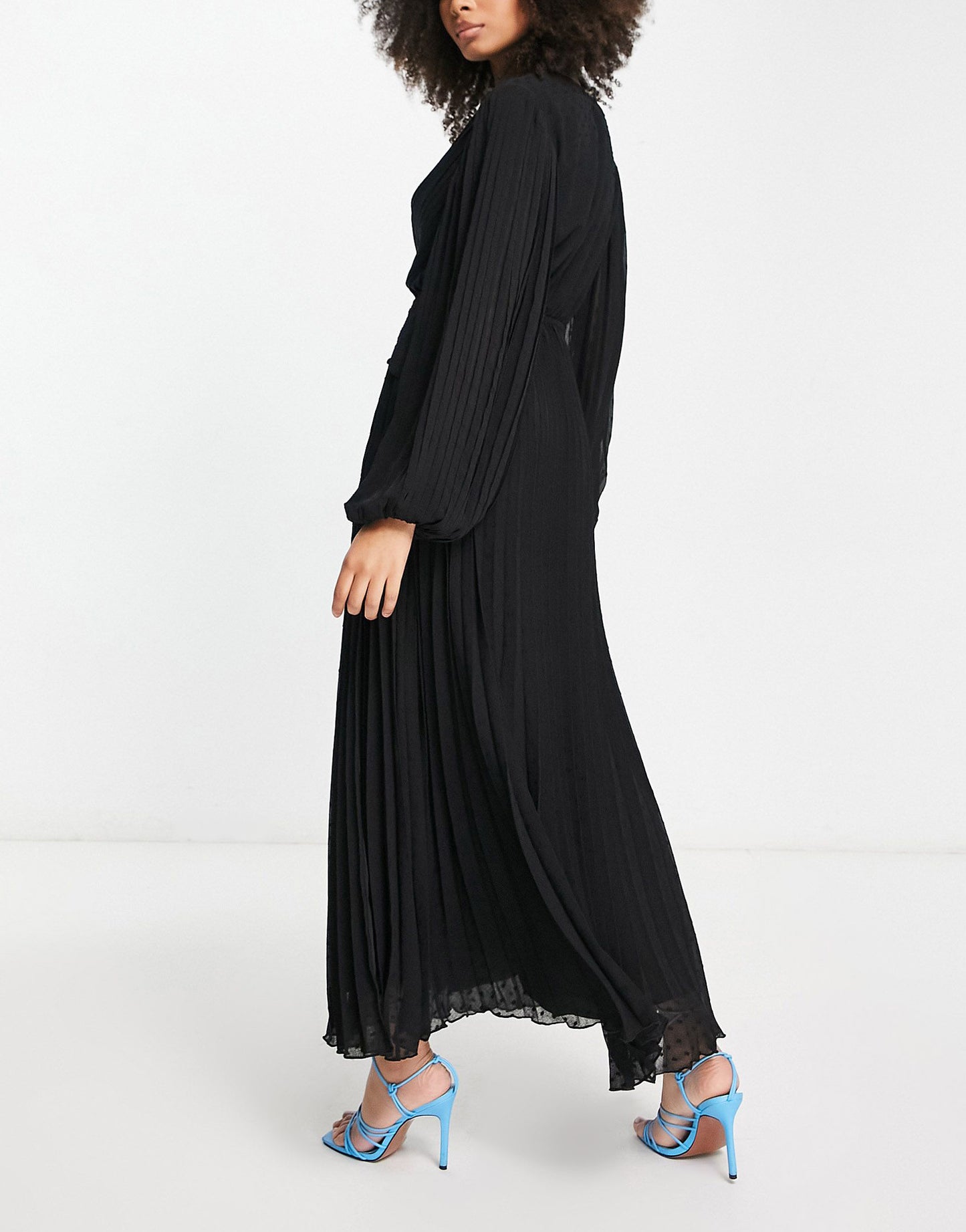 ASOS DESIGN pleated dobby chiffon wrap button detail maxi dress in black