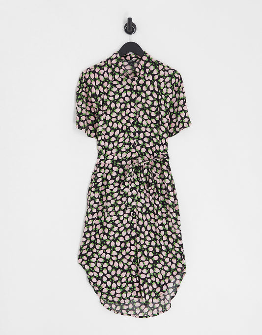 Monki tie waist midi shirt dress in strawberries print