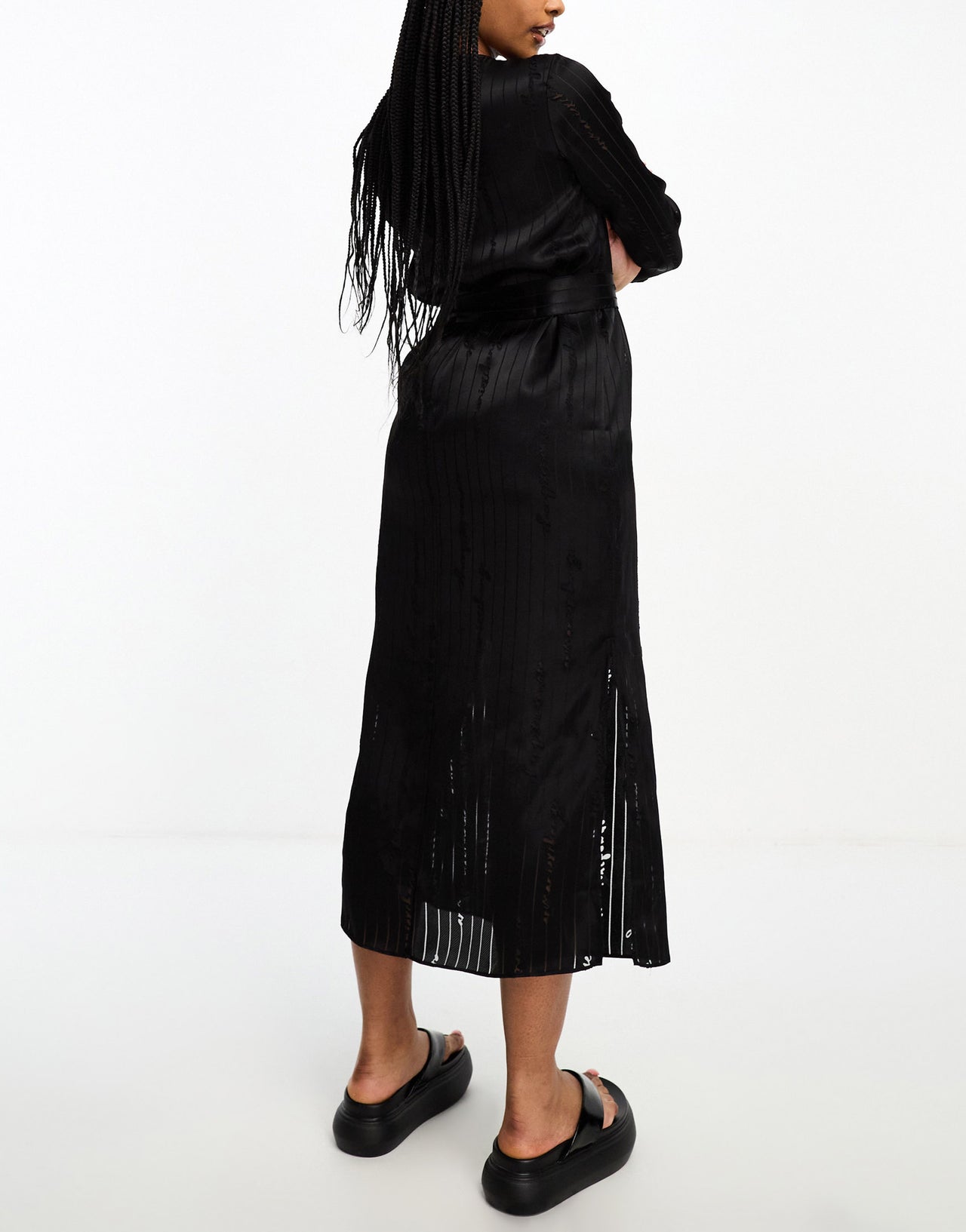 Armani Exchange repeat text logo satin maxi dress in black