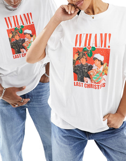 ASOS DESIGN unisex license oversized t-shirt in white with WHAM Christmas print