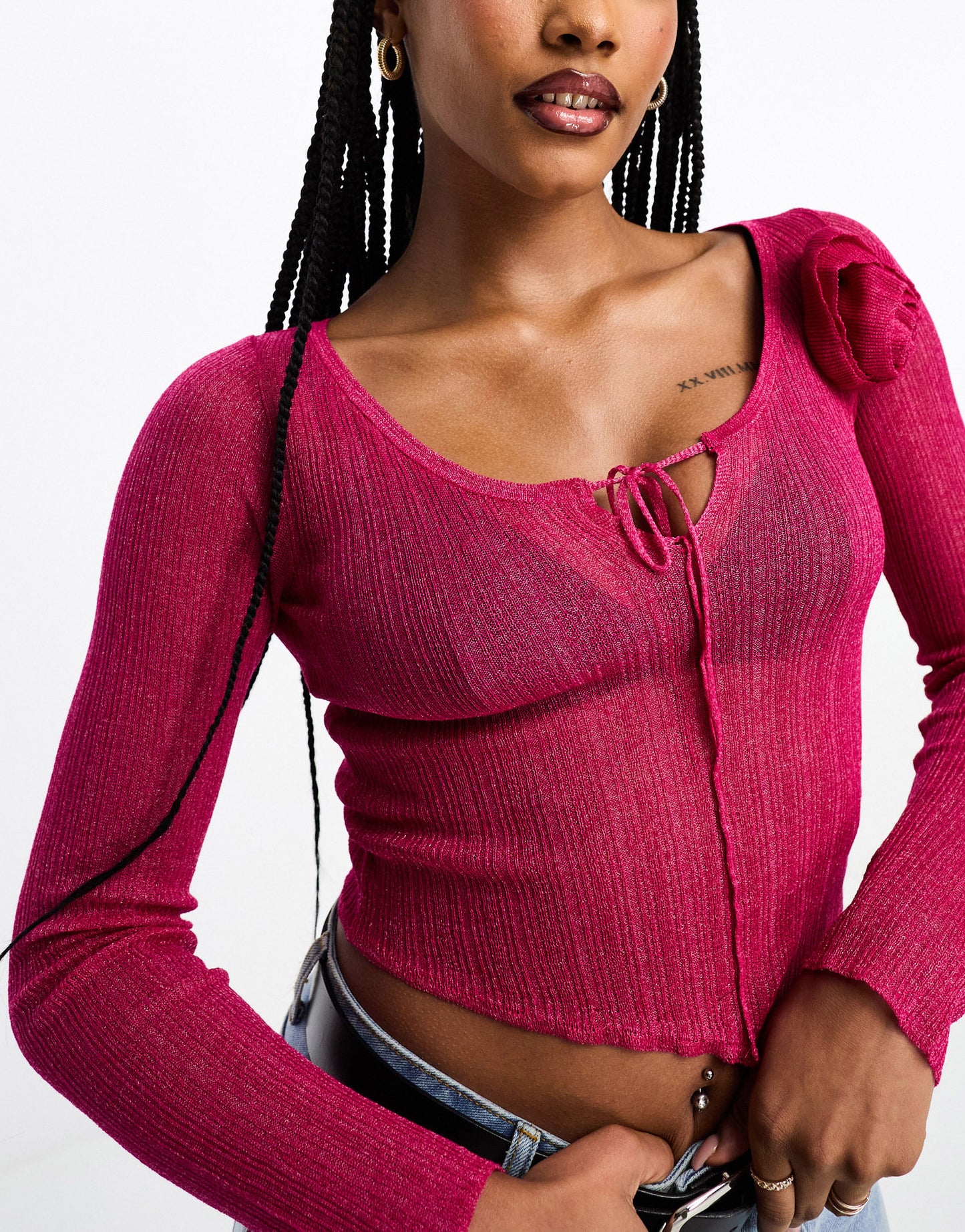 ASOS DESIGN sheer knitted top with rose corsage in pink ASOS Sample Sale