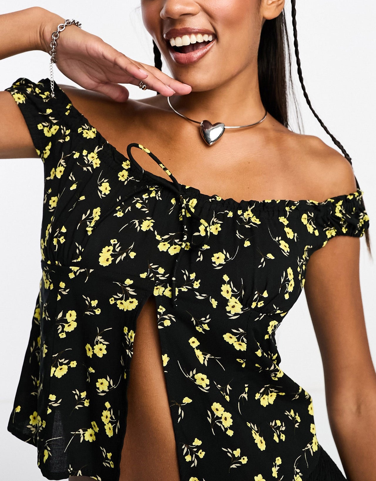 Motel buttercup print ruffle bandeau top in black