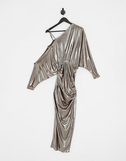 ASOS DESIGN off shoulder grecian drape midi dress in gold foil