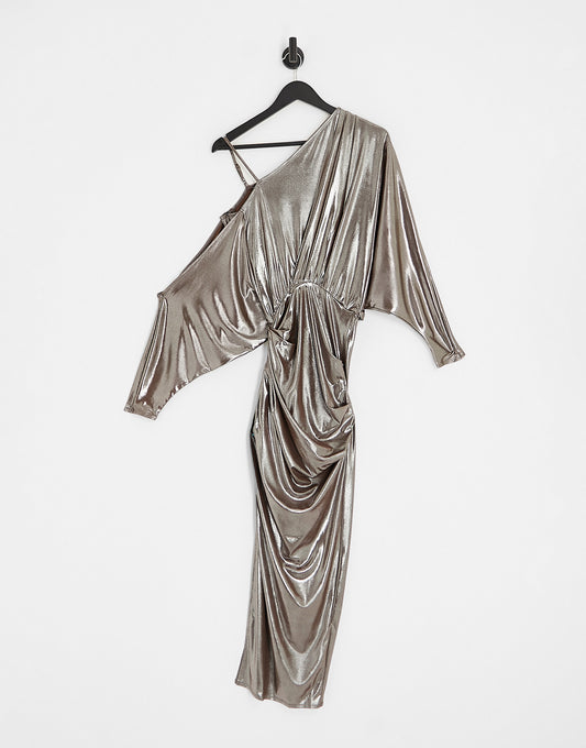 ASOS DESIGN off shoulder grecian drape midi dress in gold foil