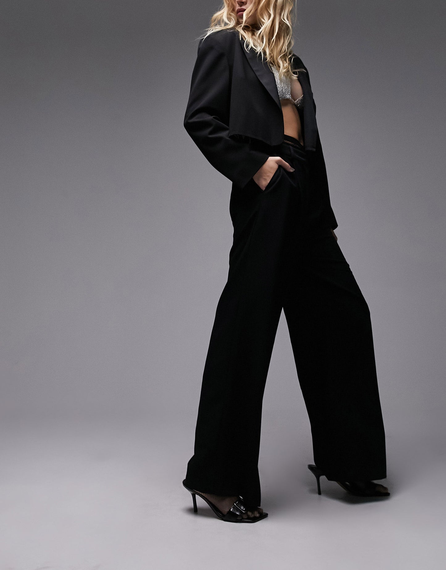 Topshop co-ord raw hem tuxedo wide leg tailored trouser in black