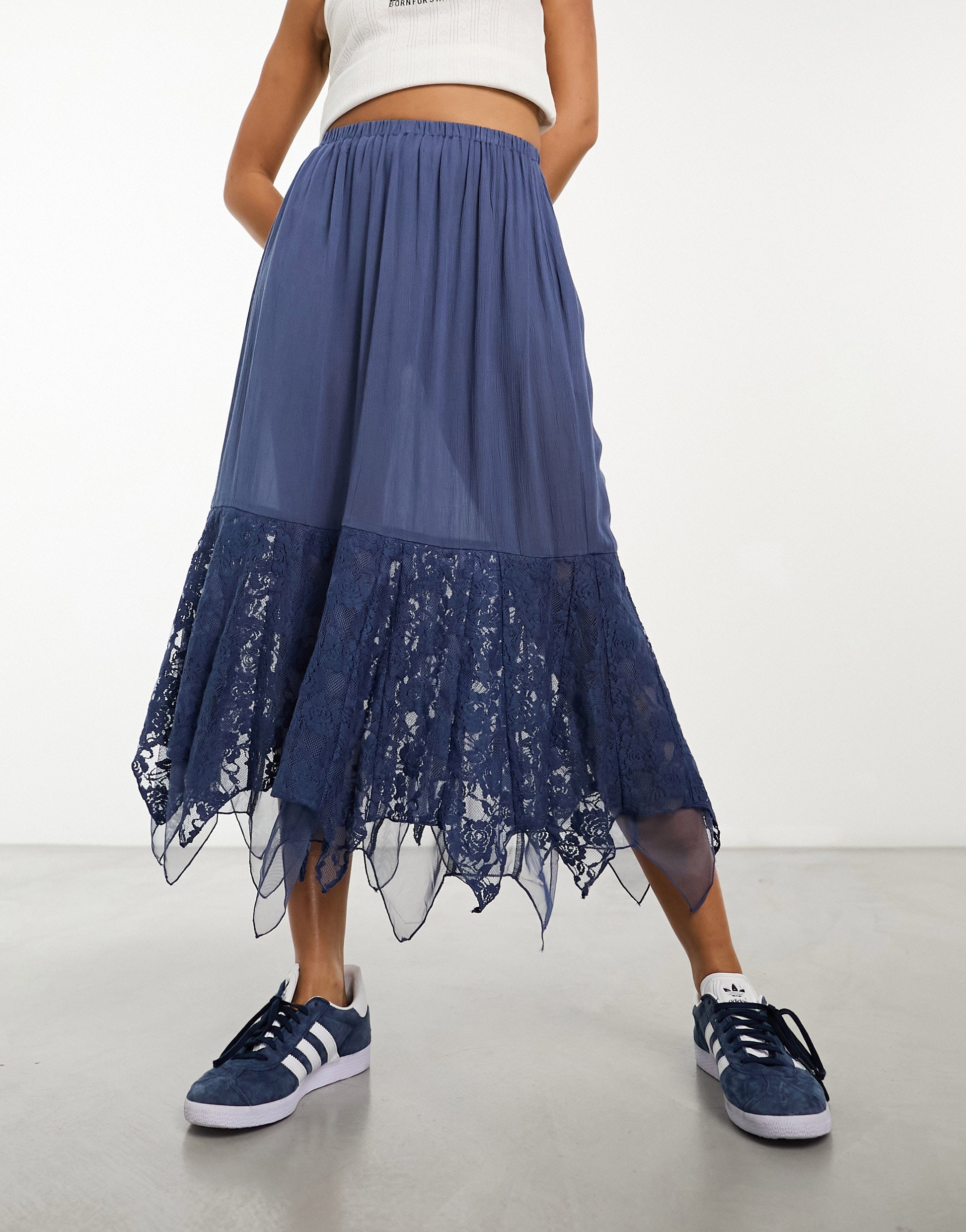 Tammy Girl boho midi skirt with lace distressed hem