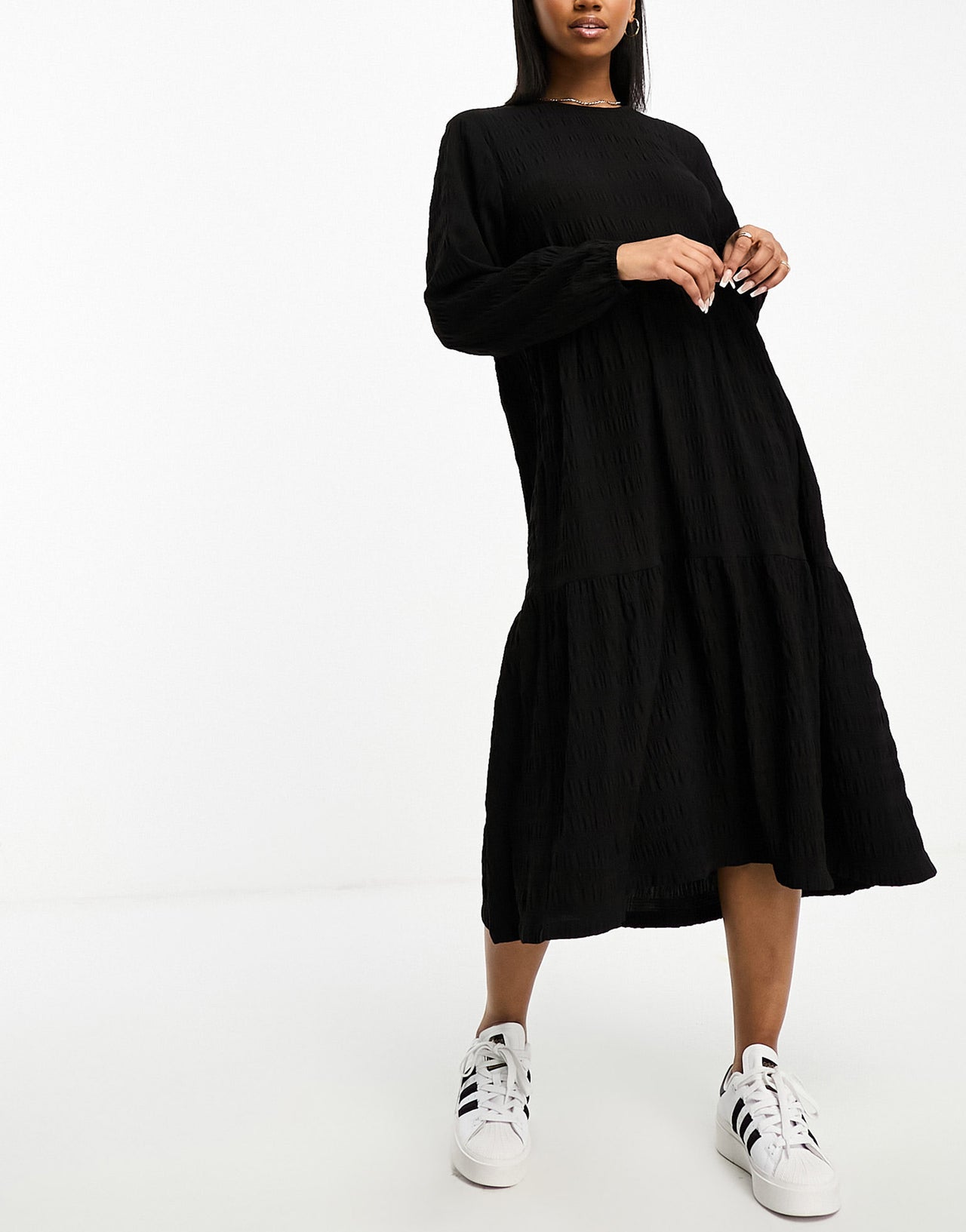 Monki long sleeve smock midi dress in black