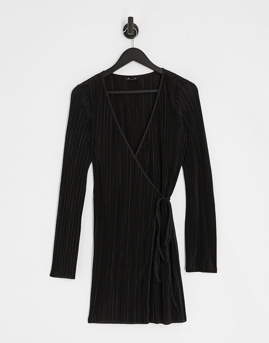 Monki plisse flared sleeve mini wrap dress in black